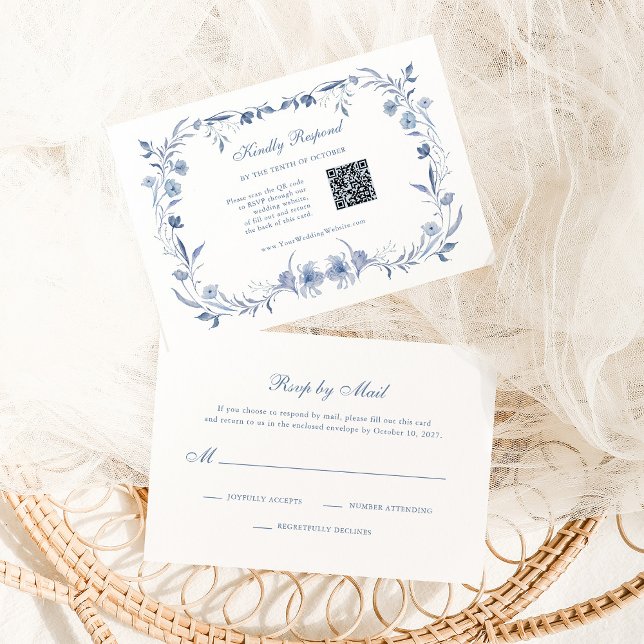 Tarjeta De Confirmación De Asistencia Dusty Blue Chinoiserie | Código tradicional y QR (Subido por el creador)