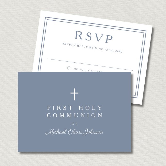 Tarjeta De Confirmación De Asistencia Dusty Blue Cross Boy First Holy Communion  (Dusty Blue Cross Boy First Holy Communion RSVP Card)