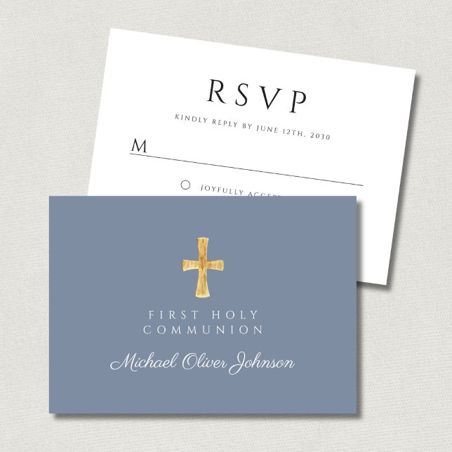 Tarjeta De Confirmación De Asistencia Dusty Blue Cross Religious Boy Primera Comunión (Dusty Blue Religious Cross Boy First Communion RSVP Card)
