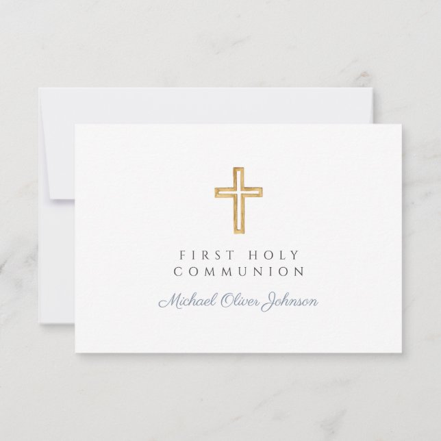 Tarjeta De Confirmación De Asistencia Dusty Blue Cross Religious Boy Primera Comunión (Reverso)