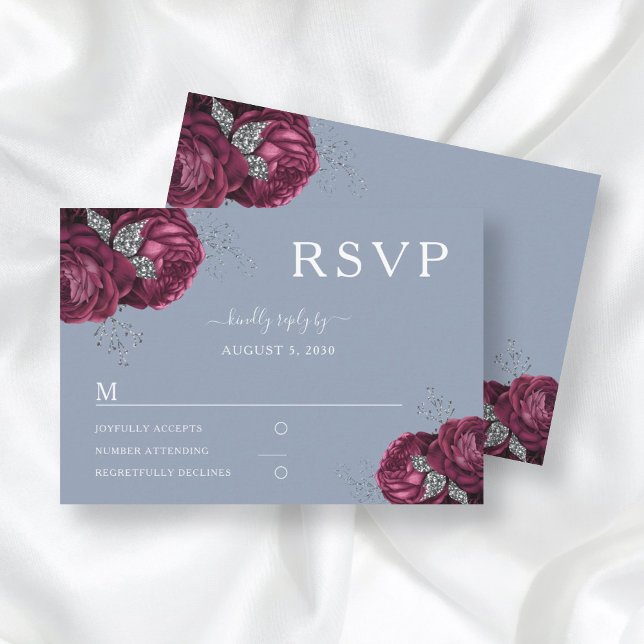 Tarjeta De Confirmación De Asistencia Dusty Blue Floral Borgoña Peonies Elegante Boda (Subido por el creador)