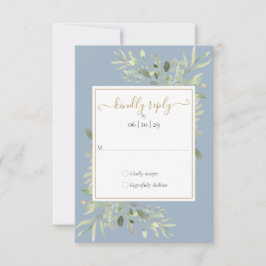 Tarjeta De Confirmación De Asistencia Dusty Blue Greenery Gold Geometric Script Boda