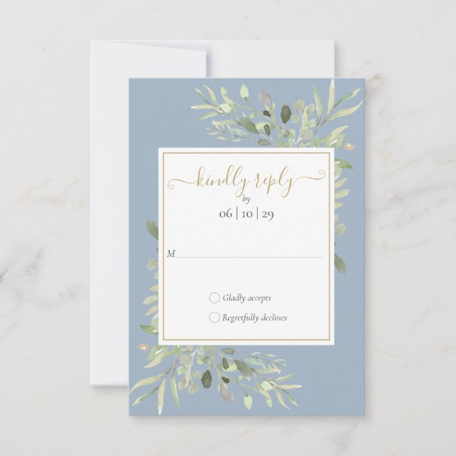 Tarjeta De Confirmación De Asistencia Dusty Blue Greenery Gold Geometric Script Boda (Anverso)