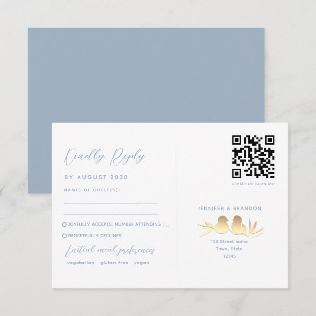 Tarjeta De Confirmación De Asistencia Dusty Blue Lovebirds QR (Anverso / Reverso)