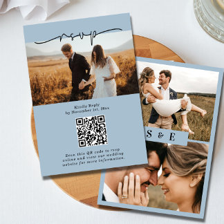 Tarjeta De Confirmación De Asistencia Dusty Blue Minimalista QR código Boda de foto