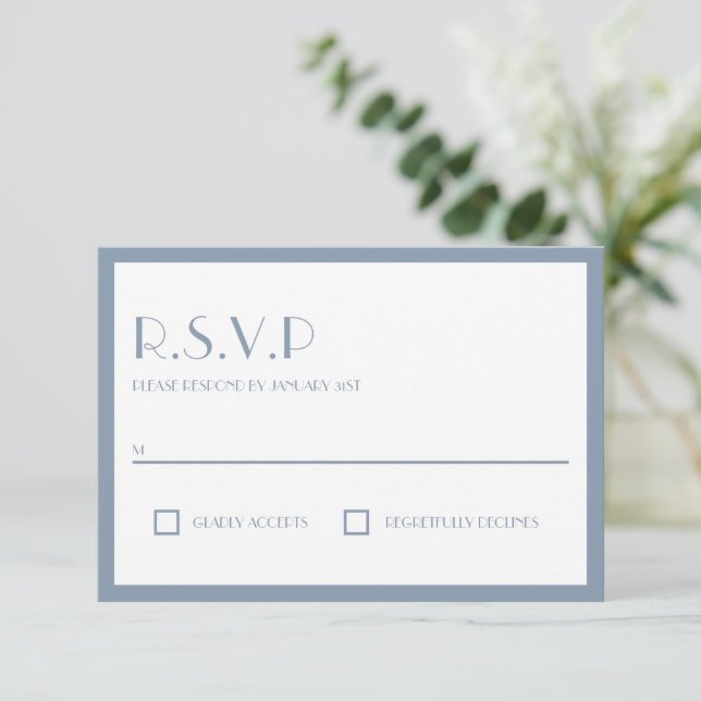 Tarjeta De Confirmación De Asistencia Dusty Blue Modern Art Deco Boda (Anverso de pie)