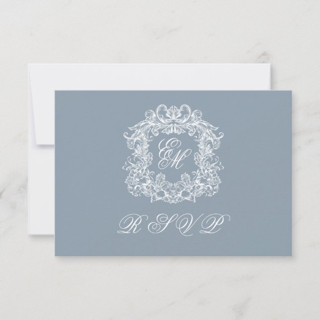 Tarjeta De Confirmación De Asistencia Dusty Blue Monogram Crest Elegant Wedding (Anverso)