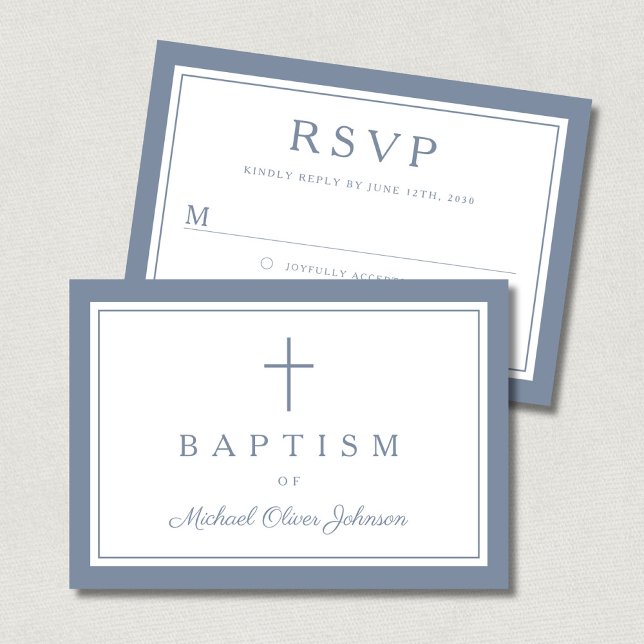 Tarjeta De Confirmación De Asistencia Dusty Blue Religious Cross Boy Baptism  (Dusty Blue Religious Cross Boy Baptism RSVP Card)