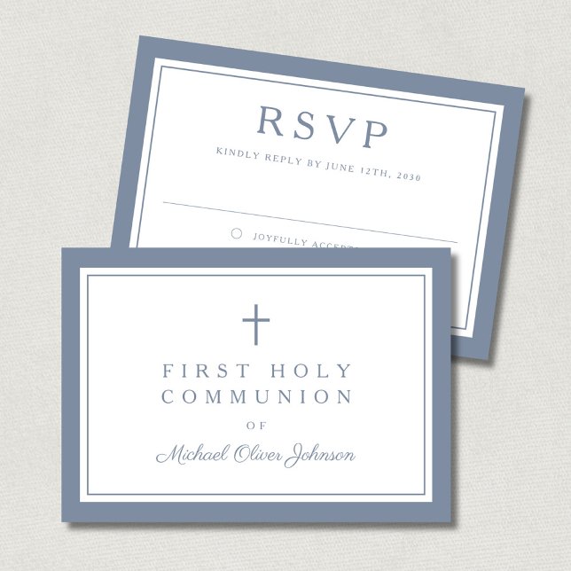 Tarjeta De Confirmación De Asistencia Dusty Blue Religious Cross Boy First Communion  (Dusty Blue Religious Cross Boy First Communion RSVP Card)