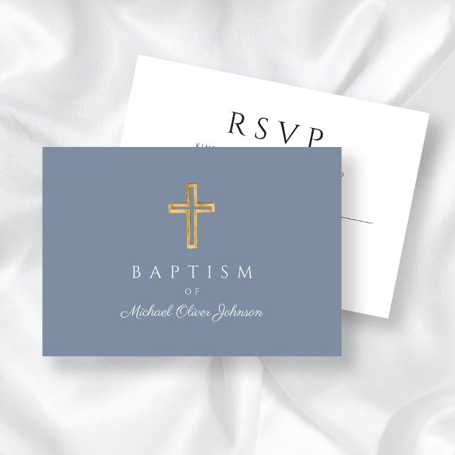 Tarjeta De Confirmación De Asistencia Dusty Blue Religious Wood Cross Boy Baptism (Dusty Blue Religious Wood Cross Boy Baptism RSVP Card)