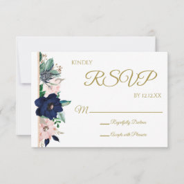 Tarjeta De Confirmación De Asistencia Dusty Blue Rosa Gold Watercolor Floral Tarjeta RSV