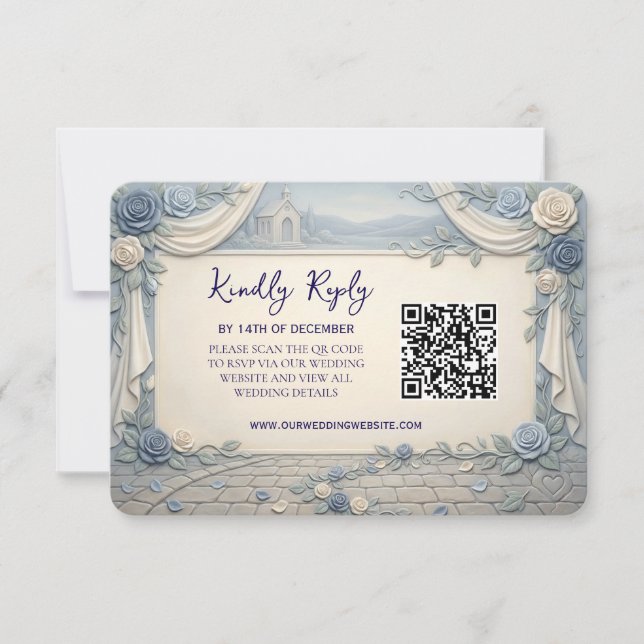 Tarjeta De Confirmación De Asistencia Dusty Blue Rose QR Code Wedding  (Anverso)
