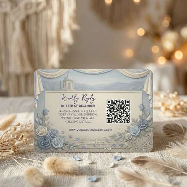 Tarjeta De Confirmación De Asistencia Dusty Blue Rose Romantic Wedding QR Code  (Subido por el creador)