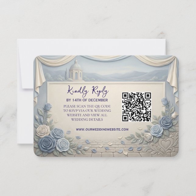 Tarjeta De Confirmación De Asistencia Dusty Blue Rose Romantic Wedding QR Code  (Anverso)