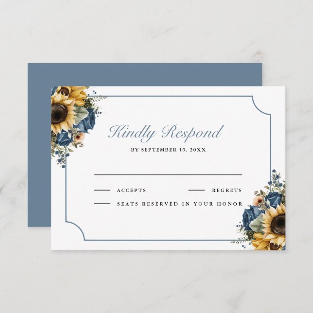 Tarjeta De Confirmación De Asistencia Dusty Blue Roses Sunflowers Wedding (Anverso / Reverso)