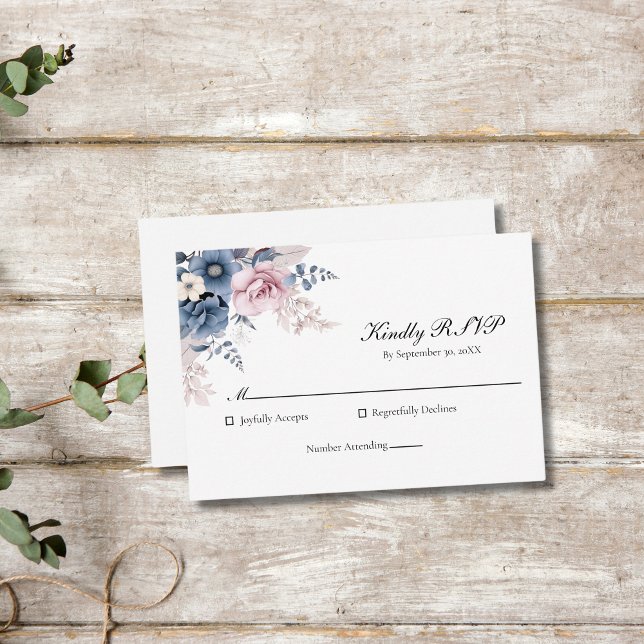 Tarjeta De Confirmación De Asistencia Dusty Blue Rubor Pink Floral Elegante Boda (Dusty blue blush pink floral wedding RSVP card)