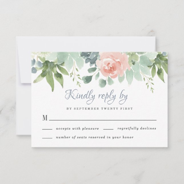 Tarjeta De Confirmación De Asistencia Dusty Blue Rubor Succulent Floral Garden Wedding (Anverso)