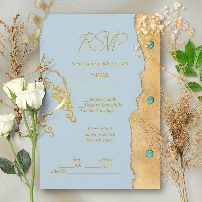 Tarjeta De Confirmación De Asistencia Dusty Blue Rustic Boho Gold Turquoise Wedding (Subido por el creador)