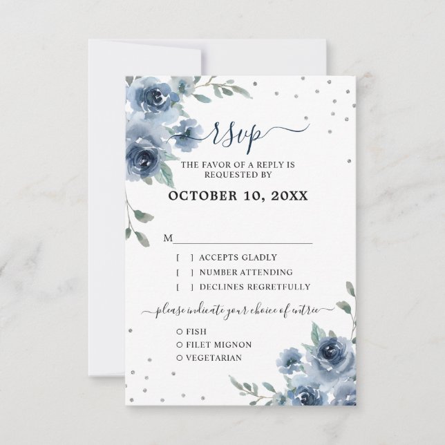 Tarjeta De Confirmación De Asistencia Dusty Blue Slate Floral Boda de Moda Botánica (Anverso)