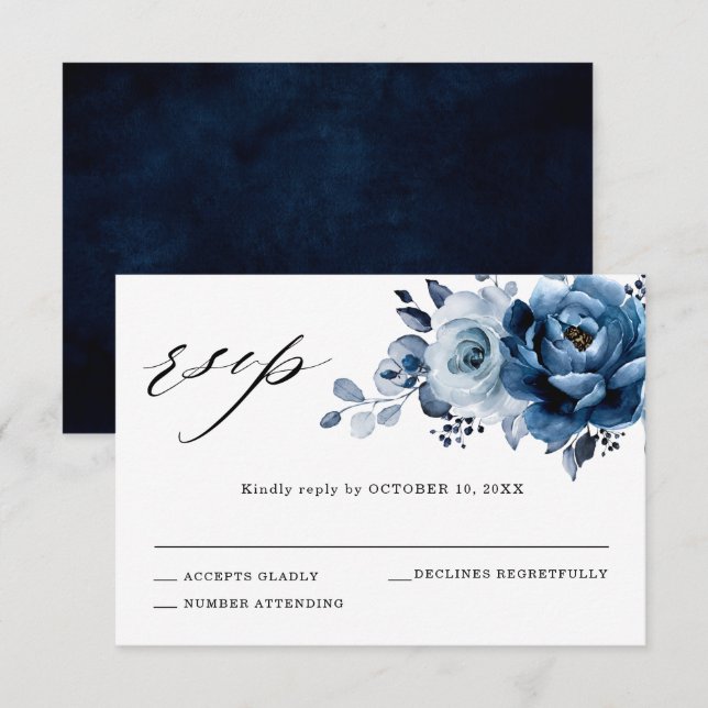 Tarjeta De Confirmación De Asistencia Dusty Blue Slate Navy Boda Botánico Floral (Anverso / Reverso)