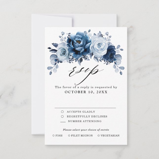Tarjeta De Confirmación De Asistencia Dusty Blue Slate Navy Boda Botánico Floral (Anverso)