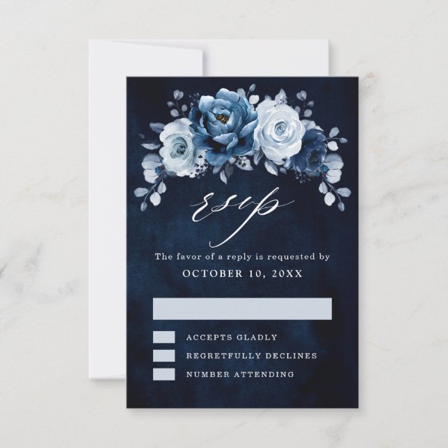 Tarjeta De Confirmación De Asistencia Dusty Blue Slate Navy Boda Botánico Floral RSV (Anverso)