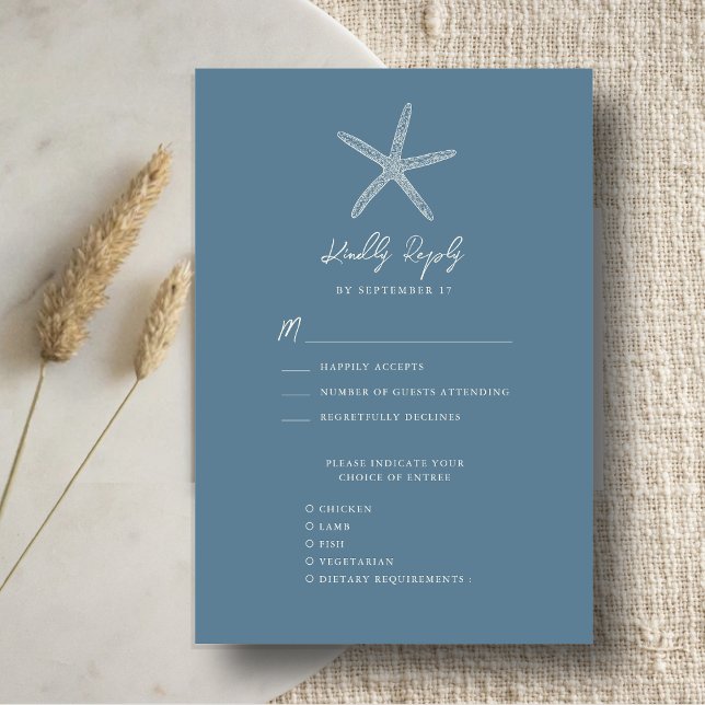 Tarjeta De Confirmación De Asistencia Dusty Blue Starfish Beach Destination Wedding (Subido por el creador)