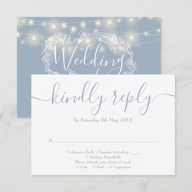 Tarjeta De Confirmación De Asistencia Dusty Blue String ilumina Boda Floral (Anverso / Reverso)