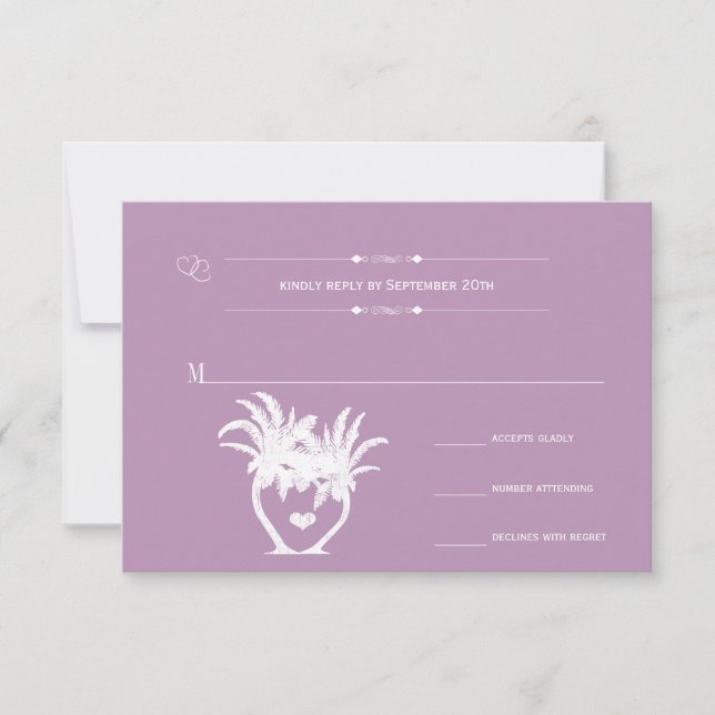 Tarjeta De Confirmación De Asistencia Dusty Lavender Purple Beach Destination Wedding (Anverso)
