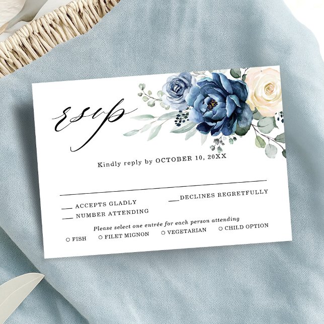 Tarjeta De Confirmación De Asistencia Dusty Marina Azul Champagne Boda Floral de marfil  (Dusty Blue Navy Champagne Ivory Floral Wedding RSV RSVP Card)