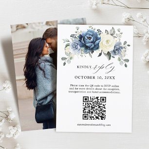 Tarjeta De Confirmación De Asistencia Dusty Marina Azul Champagne Floral de marfil Códig