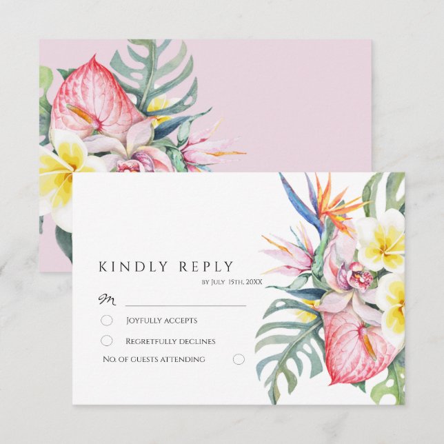 Tarjeta De Confirmación De Asistencia Dusty Pink Tropical Floral Botanical Wedding (Anverso / Reverso)