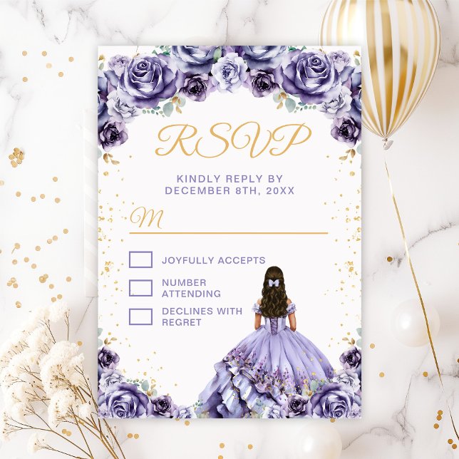 Tarjeta De Confirmación De Asistencia Dusty Purple Princess Floral Quinceañera (Subido por el creador)