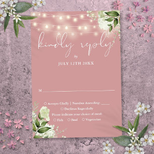 Tarjeta De Confirmación De Asistencia Dusty Rosa Greenery Floral String Lights Boda