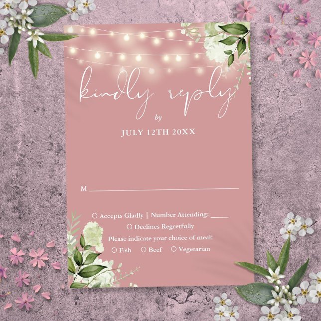 Tarjeta De Confirmación De Asistencia Dusty Rosa Greenery Floral String Lights Boda (Dusty Rose Greenery Floral String Lights Wedding RSVP Card)