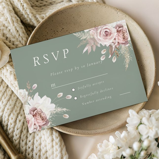 Tarjeta De Confirmación De Asistencia Dusty Rose Blush & Sage Floral Wedding All Event (Subido por el creador)