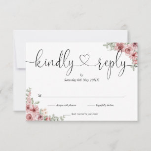 Tarjeta De Confirmación De Asistencia Dusty Rose Floral Chic Script Corazón Responder Am
