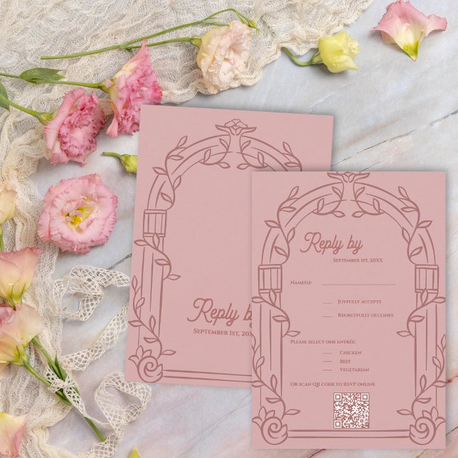 Tarjeta De Confirmación De Asistencia Dusty Rose Ornate Arch Botanical Wedding Reply By (Dusty Rose Ornate Arch Botanical Wedding RSVP Card with QR Code | Romantic Wedding Reply Card)