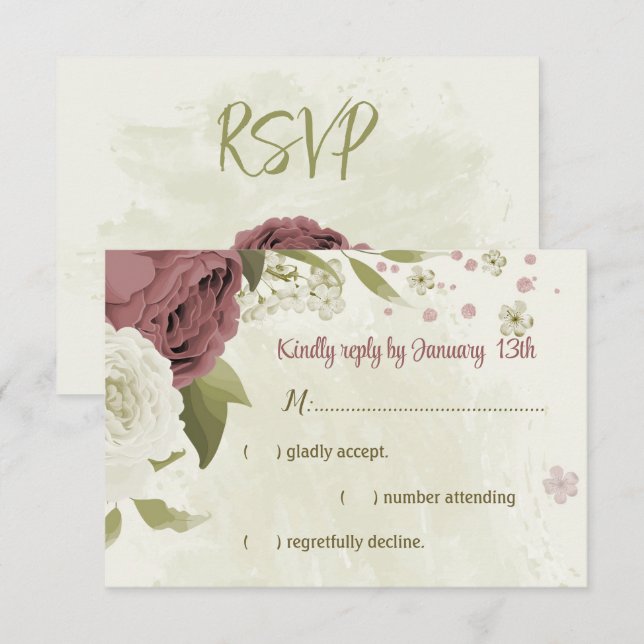 Tarjeta De Confirmación De Asistencia dusty rose white flowers botanical wedding (Anverso / Reverso)