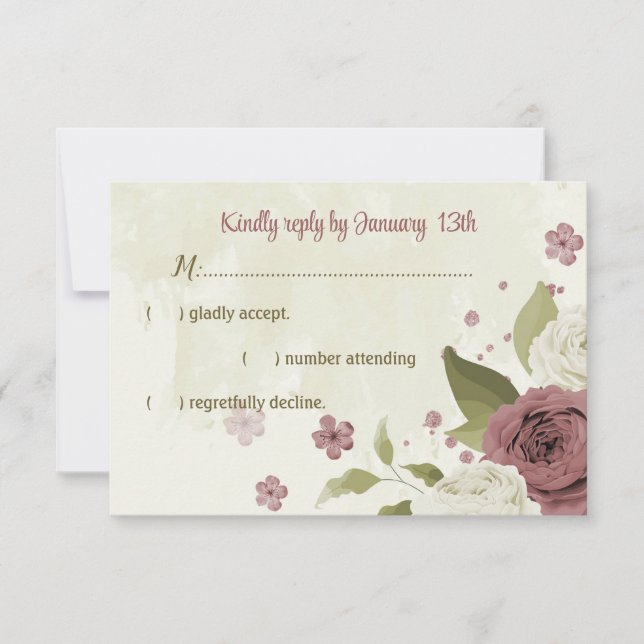 Tarjeta De Confirmación De Asistencia dusty rose white flowers botanical wedding (Anverso)