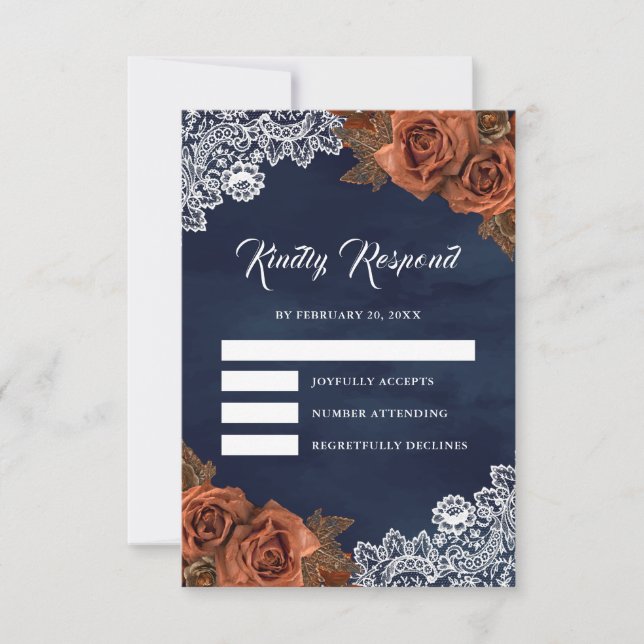 Tarjeta De Confirmación De Asistencia Earthy Dusty Terracotta Rose Navy Blue Wedding (Anverso)