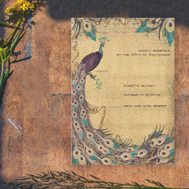 Tarjeta De Confirmación De Asistencia Eggplant Aqua Peacock Vintage 3 Fethers