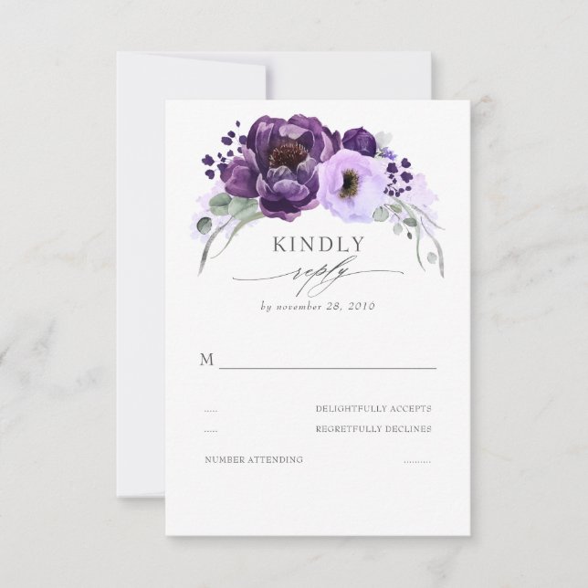 Tarjeta De Confirmación De Asistencia Eggplant Morple Silver Purpurina deja Boda (Anverso)