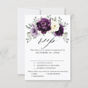 Tarjeta De Confirmación De Asistencia Eggplant Purple Plum Marfil White Floral Boda