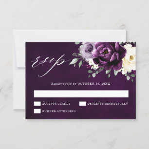 Tarjeta De Confirmación De Asistencia Eggplant Purple Plum Marfil White Floral Boda RS