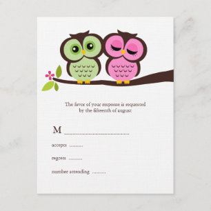 Tarjeta De Confirmación De Asistencia El casarse verde y rosado de los búhos