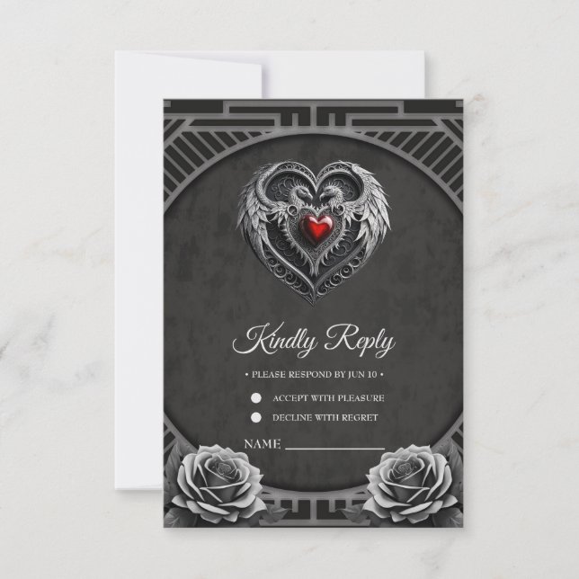 Tarjeta De Confirmación De Asistencia El corazón plateado con las alas. (Anverso)