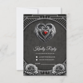 Tarjeta De Confirmación De Asistencia El corazón plateado con las alas.