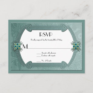 Tarjeta De Confirmación De Asistencia El damasco verde azulado elegante Jewels la