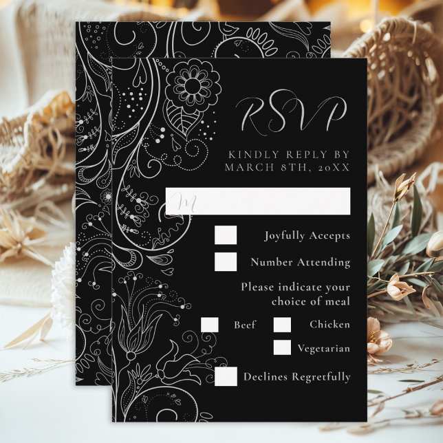 Tarjeta De Confirmación De Asistencia Elección de Boda floral elegante y negro plateado (Subido por el creador)